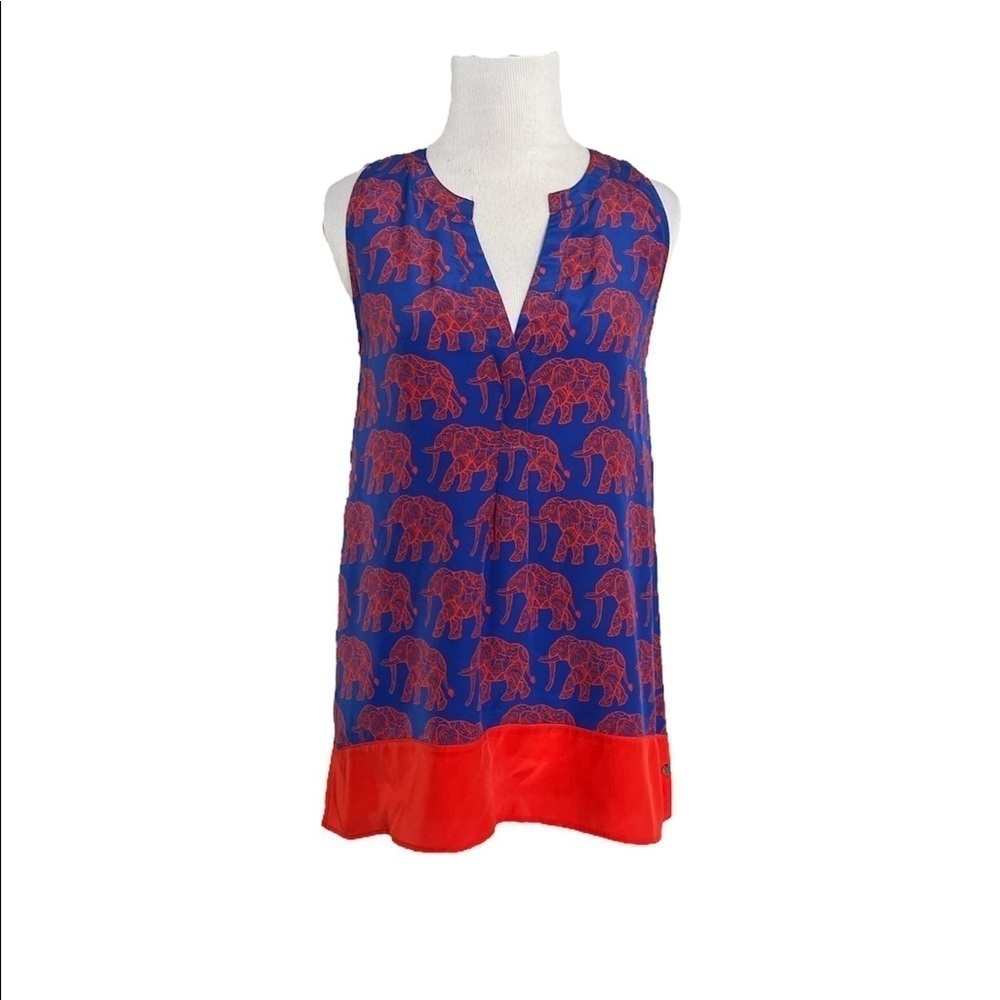 Hatley 100% Silk Mosaic Elephant Novelty Print Sleeveless Blouse | Blue | Small